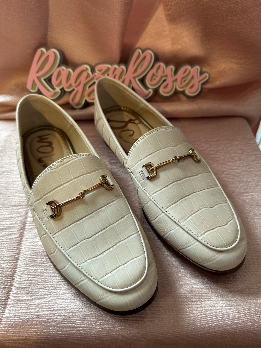 NWB! Women's Sam Edelman Cream Croc-Embossed Loraine Loafers with Gold Bit